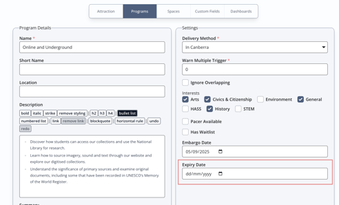 set expiry to remove a program